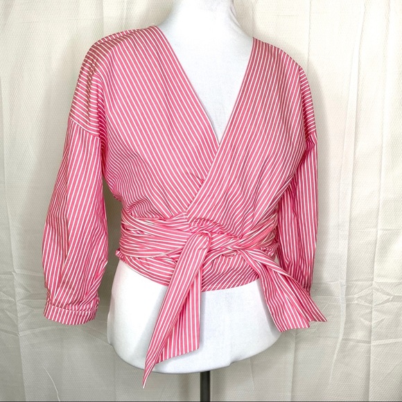 JW Style Striped Wrap Front Tie Shirt Blouse - Picture 1 of 8